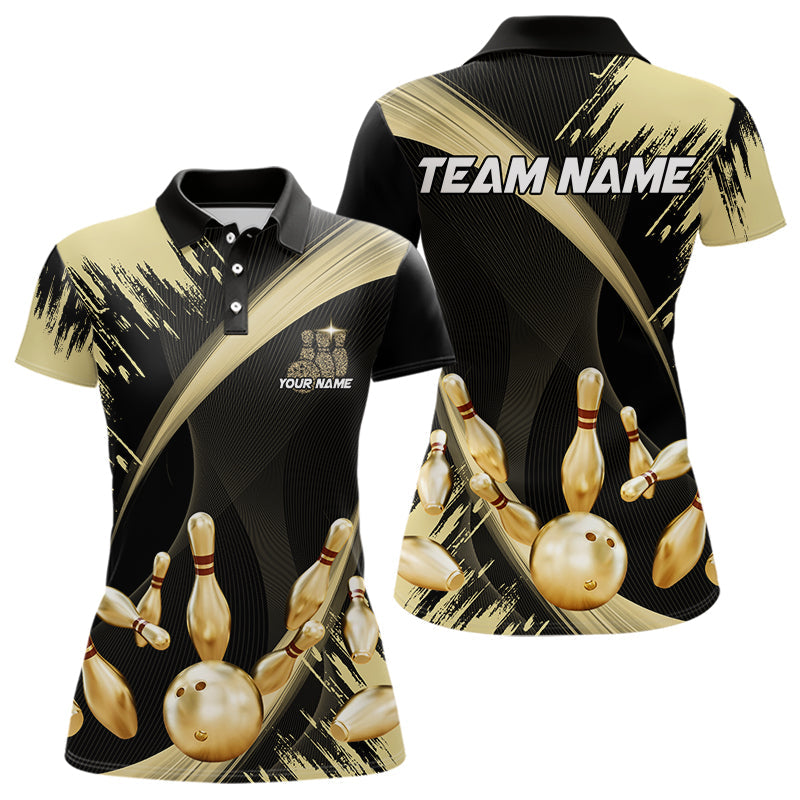 Personalized Black and Gold Bowling Polo, Quarter Zip Shirts For Women Custom Bowling Team Jersey NQS9531