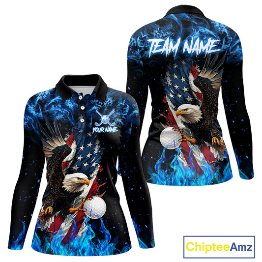 Blue Flame American Flag Eagle golf polo shirts for Women Custom patriotic ladies golf outfit NQS11644