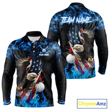 Load image into Gallery viewer, Blue Flame American Flag Eagle golf polo shirts for Men Custom patriotic mens golf outfit NQS11644