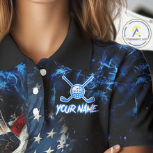 Load image into Gallery viewer, Blue Flame American Flag Eagle golf polo shirts for Women Custom patriotic ladies golf outfit NQS11644