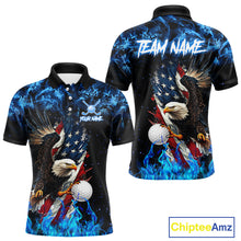 Load image into Gallery viewer, Blue Flame American Flag Eagle golf polo shirts for Men Custom patriotic mens golf outfit NQS11644