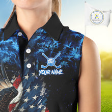 Load image into Gallery viewer, Blue Flame American Flag Eagle sleeveless golf shirts for Women Custom patriotic ladies golf outfit NQS11644