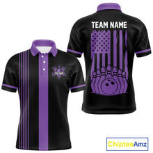 Load image into Gallery viewer, Custom Black and Purple American Flag Retro Bowling Team Shirts For Men, Patriotic Bowling Outfits NQS11650