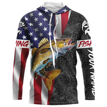 Load image into Gallery viewer, American Flag Walleye Fishing Custom long sleeve performance Fishing Shirts, Walleye Fishing jerseys NQS4925