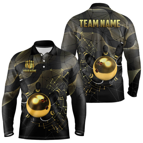 Personalized Black and Gold Bowling Polo, Quarter Zip Shirts For Men Custom Bowling Team League Jersey NQS9688
