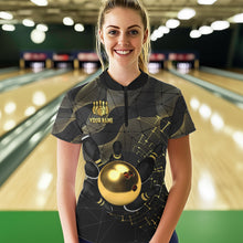 Load image into Gallery viewer, Black and Gold Bowling Polo, Quarter Zip Shirts For Women Custom Bowling Team League Jersey NQS9688