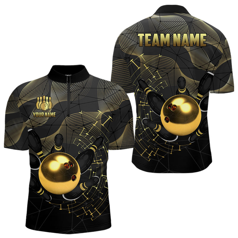 Personalized Black and Gold Bowling Polo, Quarter Zip Shirts For Men Custom Bowling Team League Jersey NQS9688