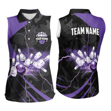Load image into Gallery viewer, Black Camo Purple Lightning Thunder Bowling Sleeveless Polo Shirt Custom Bowling Team League Jerseys NQS9689