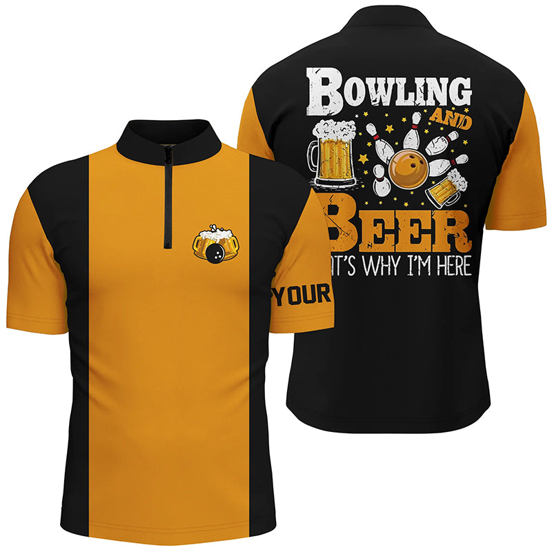 Black and yellow Retro bowling Quarter Zip shirts for men custom bowling and beer that's why I'm here NQS7474