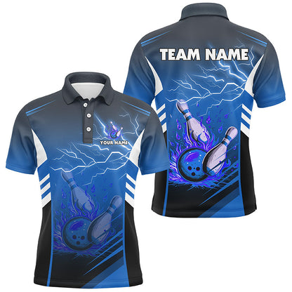 Flame bowling ball and pins lightning custom Men Bowling Polo Shirts, team bowling jerseys | Blue NQS7477