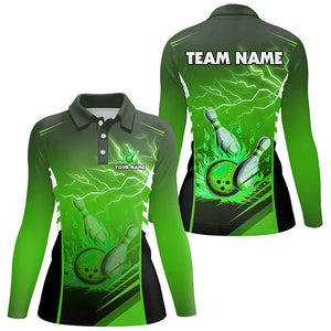 Flame bowling ball and pins lightning custom Women Bowling Polo Shirts, team bowling jerseys | Green NQS7478