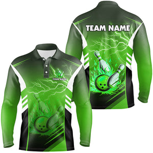 Flame bowling ball and pins lightning custom Men Bowling Polo Shirts, team bowling jerseys | Green NQS7478