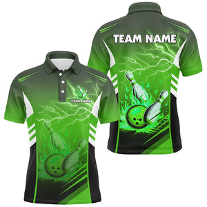 Flame bowling ball and pins lightning custom Men Bowling Polo Shirts, team bowling jerseys | Green NQS7478