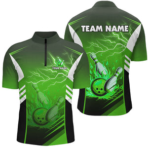 Flame bowling ball and pins lightning custom Men Bowling Quarter Zip Shirt, team bowling jersey| Green NQS7478