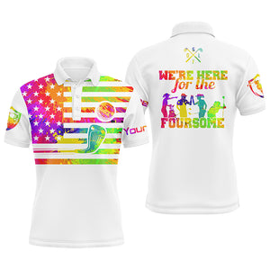 Watercolor American flag mens golf polo shirts custom name we're here for the foursome golf gifts NQS5465