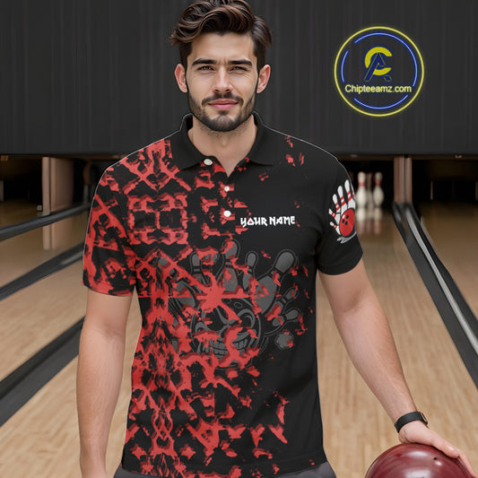 Black and Red Camo Funny Skull Bowling Polo, Quarter Zip Shirt for Men Custom Bowling Team Jersey NQS9969