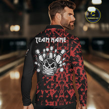Load image into Gallery viewer, Black and Red Camo Funny Skull Bowling Polo, Quarter Zip Shirt for Men Custom Bowling Team Jersey NQS9969