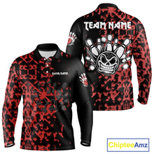 Load image into Gallery viewer, Black and Red Camo Funny Skull Bowling Polo, Quarter Zip Shirt for Men Custom Bowling Team Jersey NQS9969