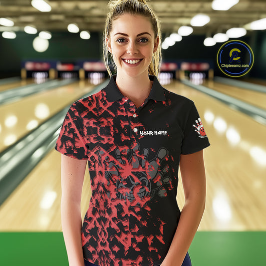 Black and Red Camo Funny Skull Bowling Polo, Quarter Zip Shirt for Women Custom Bowling Team Jersey NQS9969