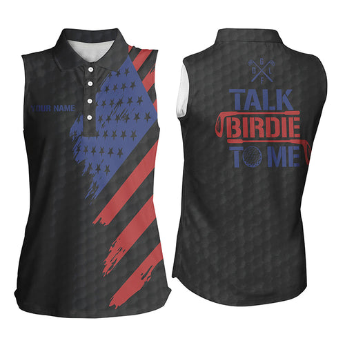 Funny Women sleeveless polo shirt custom American flag patriotic black golf shirts talk birdie to me NQS7823