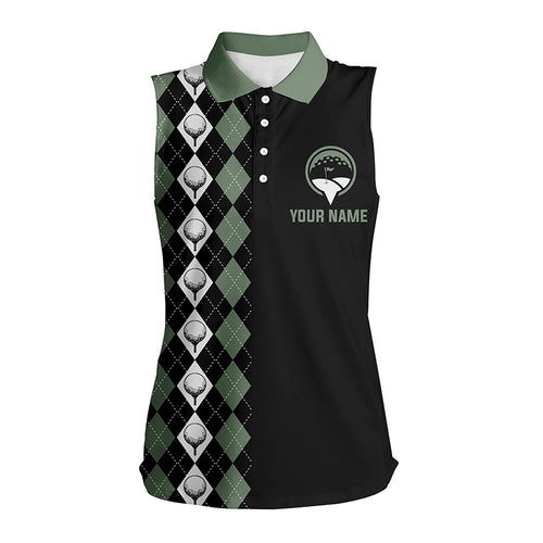 Green argyle pattern black Womens sleeveless polo shirt custom golf tops for ladies, golfing gifts NQS5943