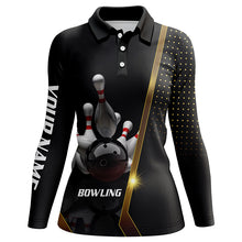 Load image into Gallery viewer, Personalized women Bowling polo Shirt Black and Gold ladies Bowlers Custom Team bowling Jersey NQS5947