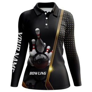 Personalized women Bowling polo Shirt Black and Gold ladies Bowlers Custom Team bowling Jersey NQS5947