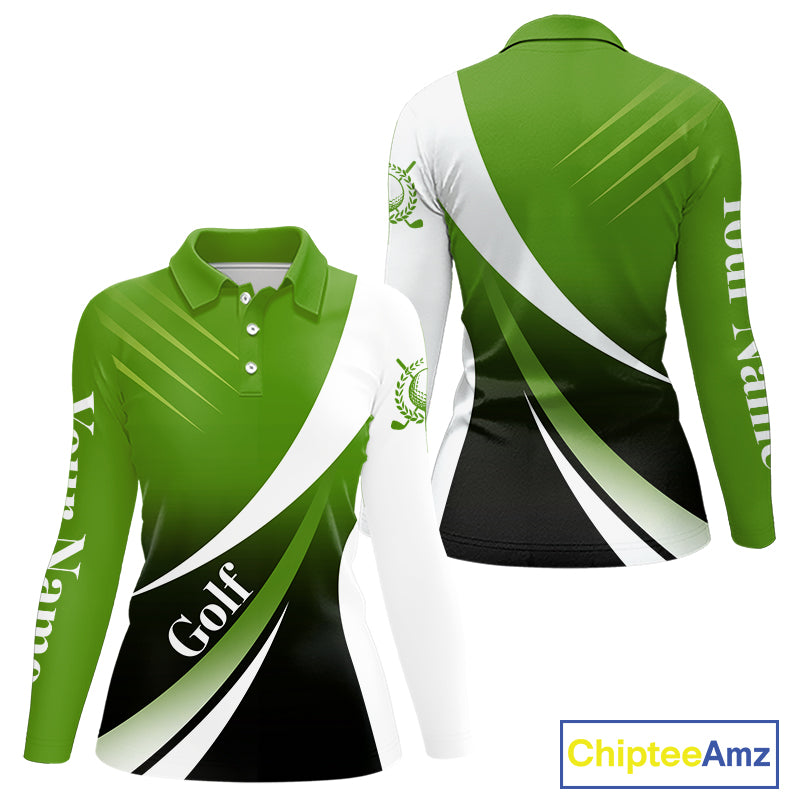 Women golf polo shirts custom name green and white golf shirt, tournament golf tops for ladies NQS10258