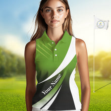 Load image into Gallery viewer, Women Sleeveless Polo Shirt custom name green and white golf shirt, tournament golf tops for ladies NQS10258