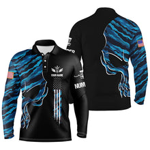 Load image into Gallery viewer, Blue camo skull black US flag custom name, number Men disc golf polo shirts, disco golf outfit for men NQS6141
