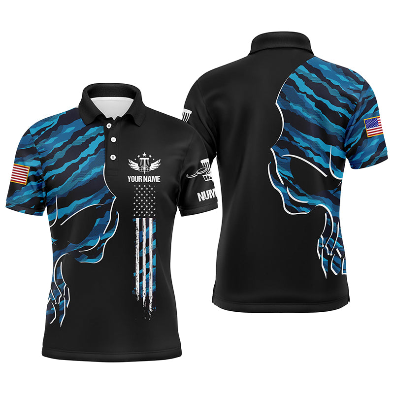 Blue camo skull black US flag custom name, number Men disc golf polo shirts, disco golf outfit for men NQS6141