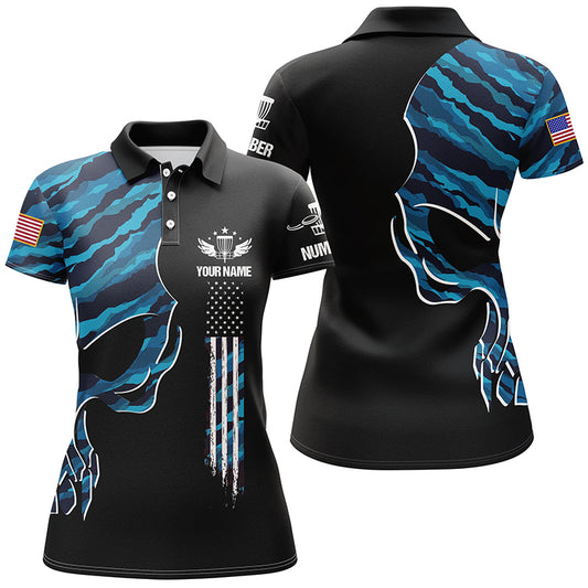 Blue camo skull black US flag custom name and number Womens polo shirts, ladies disco golf outfit NQS6141