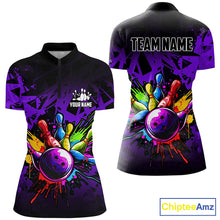 Load image into Gallery viewer, Colorful bowling jersey Polo, 1/4 Zip Shirt for Women Custom Bowling Team shirts for bowler| Purple NQS8258