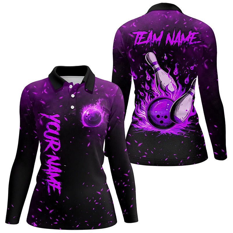 Purple Flame Bowling Jersey For Women Custom Bowling Polo, Quarter-Zip Shirt for Team, Gift for Bowler NQS8466