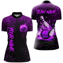 Load image into Gallery viewer, Purple Flame Bowling Jersey For Women Custom Bowling Polo, Quarter-Zip Shirt for Team, Gift for Bowler NQS8466