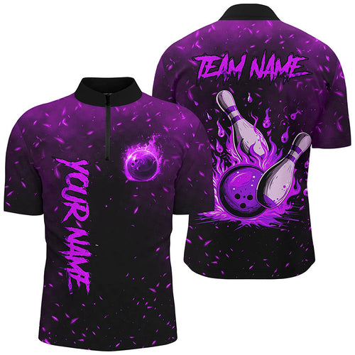Purple Flame Bowling Jerseys For Men Custom Bowling Polo, Quarter-Zip Shirt for Team, Gift for Bowler NQS8466