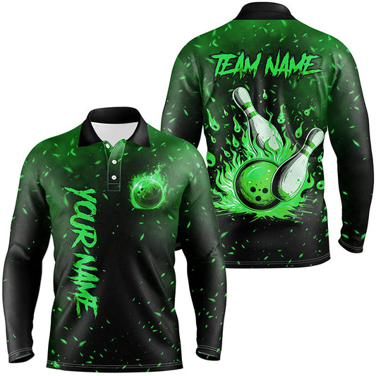 Green Flame Bowling Jerseys For Men Custom Bowling Polo, Quarter-Zip Shirt for Team, Gift for Bowler NQS8468