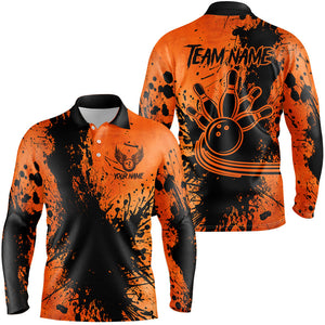 Black and Orange Mens Bowling Polo, Quarter Zip Shirts Custom Halloween Bowling Team League Jerseys NQS8722