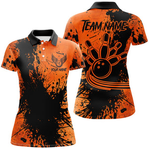 Black and Orange Womens Bowling Polo, Quarter Zip Shirts Custom Halloween Bowling Team League Jerseys NQS8722