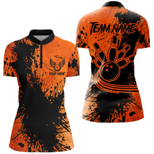 Black and Orange Womens Bowling Polo, Quarter Zip Shirts Custom Halloween Bowling Team League Jerseys NQS8722