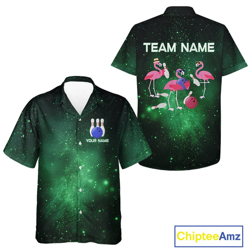 Funny Flamingo Team bowling Hawaiian Shirt custom Green Galaxy pattern bowling Shirt for bowlers NQS10884