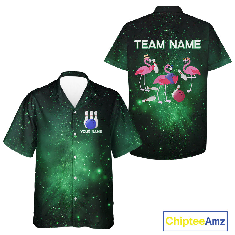 Funny Flamingo Team bowling Hawaiian Shirt custom Green Galaxy pattern bowling Shirt for bowlers NQS10884