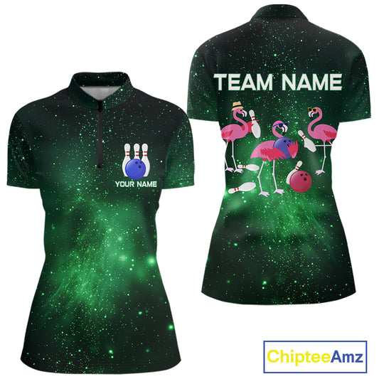 Funny Flamingo Team bowling shirts for Women custom Green Galaxy pattern bowling jerseys for bowlers NQS10884