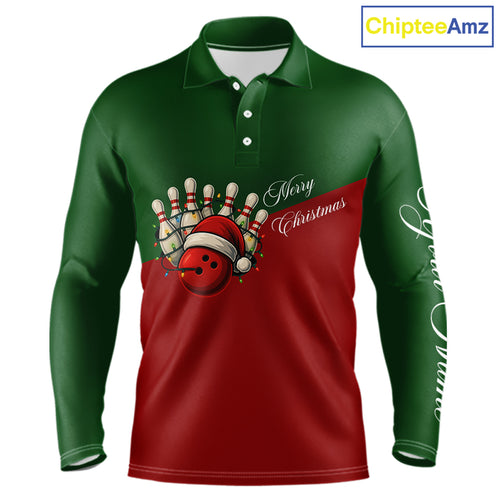 Red and Green Christmas Bowling Polo, Quarter Zip Shirts For Men custom mens bowling jerseys NQS11052
