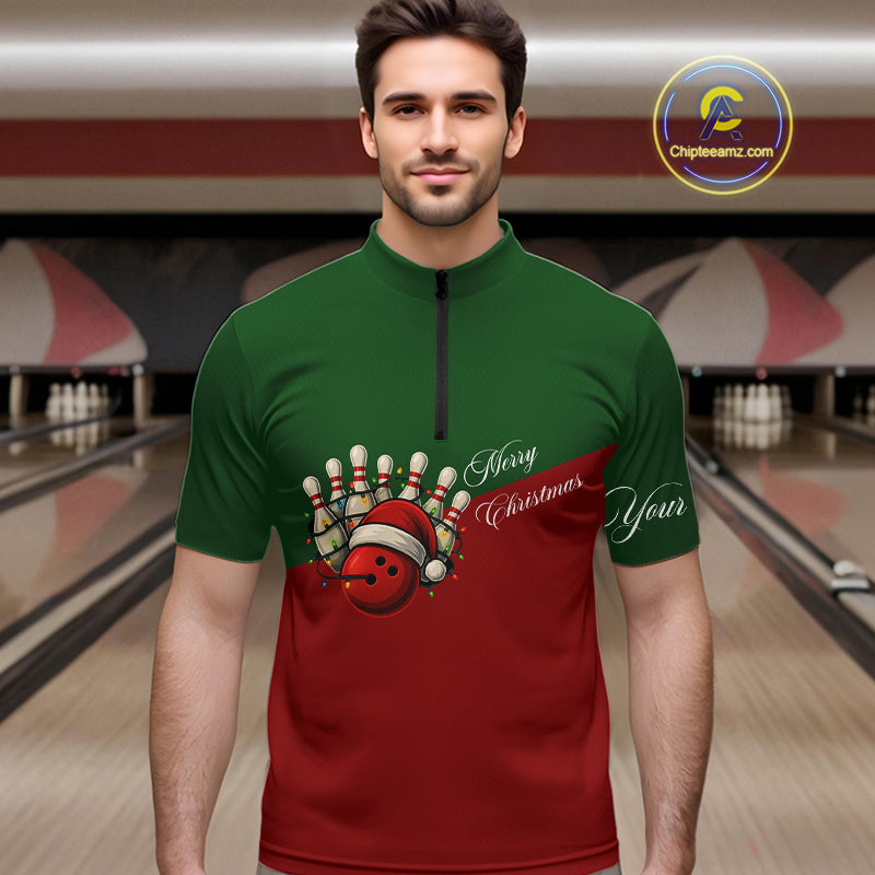 Red and Green Christmas Bowling Polo, Quarter Zip Shirts For Men custom mens bowling jerseys NQS11052