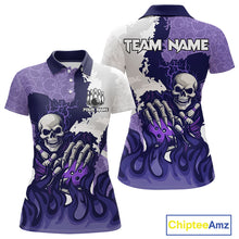 Load image into Gallery viewer, White and Purple Camo Flame Lightning Skull Bowling Shirts For Women Custom Bowling Team Jerseys NQS11055