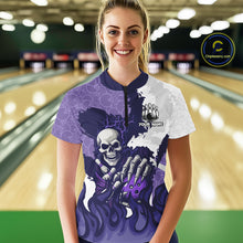 Load image into Gallery viewer, White and Purple Camo Flame Lightning Skull Bowling Shirts For Women Custom Bowling Team Jerseys NQS11055