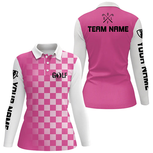 Womens golf polos shirts custom name pink checkered pattern ladies golf shirts, womens golf clothes NQS4561