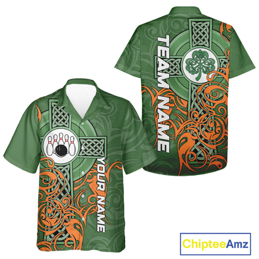 Green & orange Irish Tribal Cross St Patrick's Day Bowling Hawaiian shirt Custom Lucky Bowling Jersey NQS11255