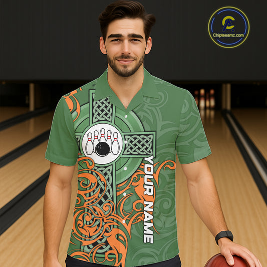 Green & orange Irish Tribal Cross St Patrick's Day Bowling Hawaiian shirt Custom Lucky Bowling Jersey NQS11255